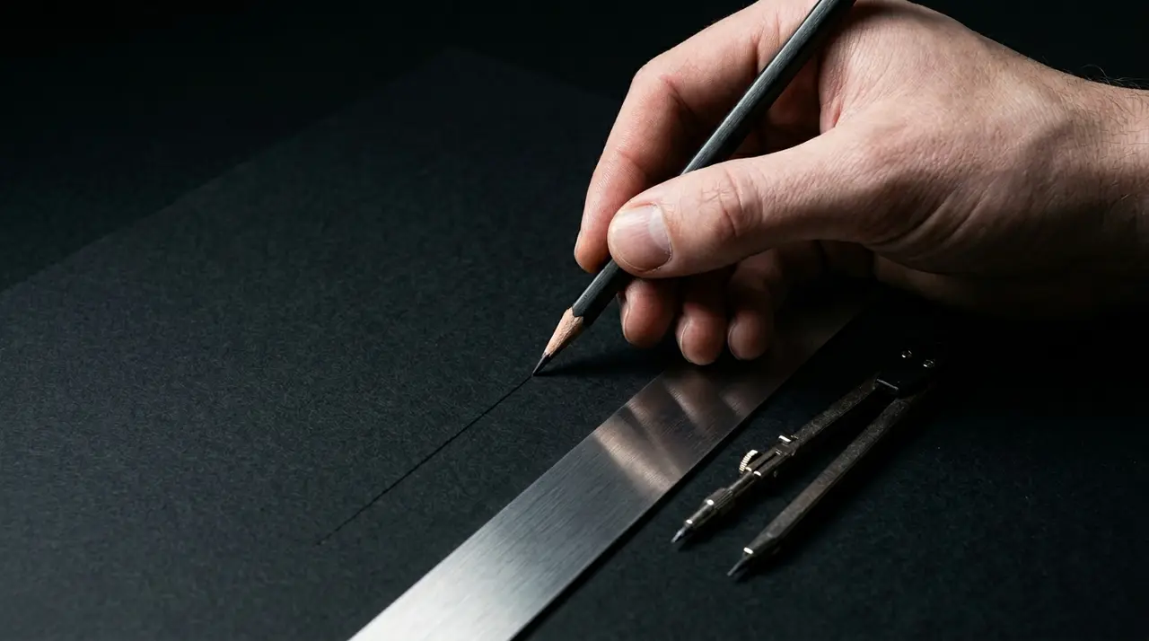 A hand drawing a precise line with a pencil and metal rule